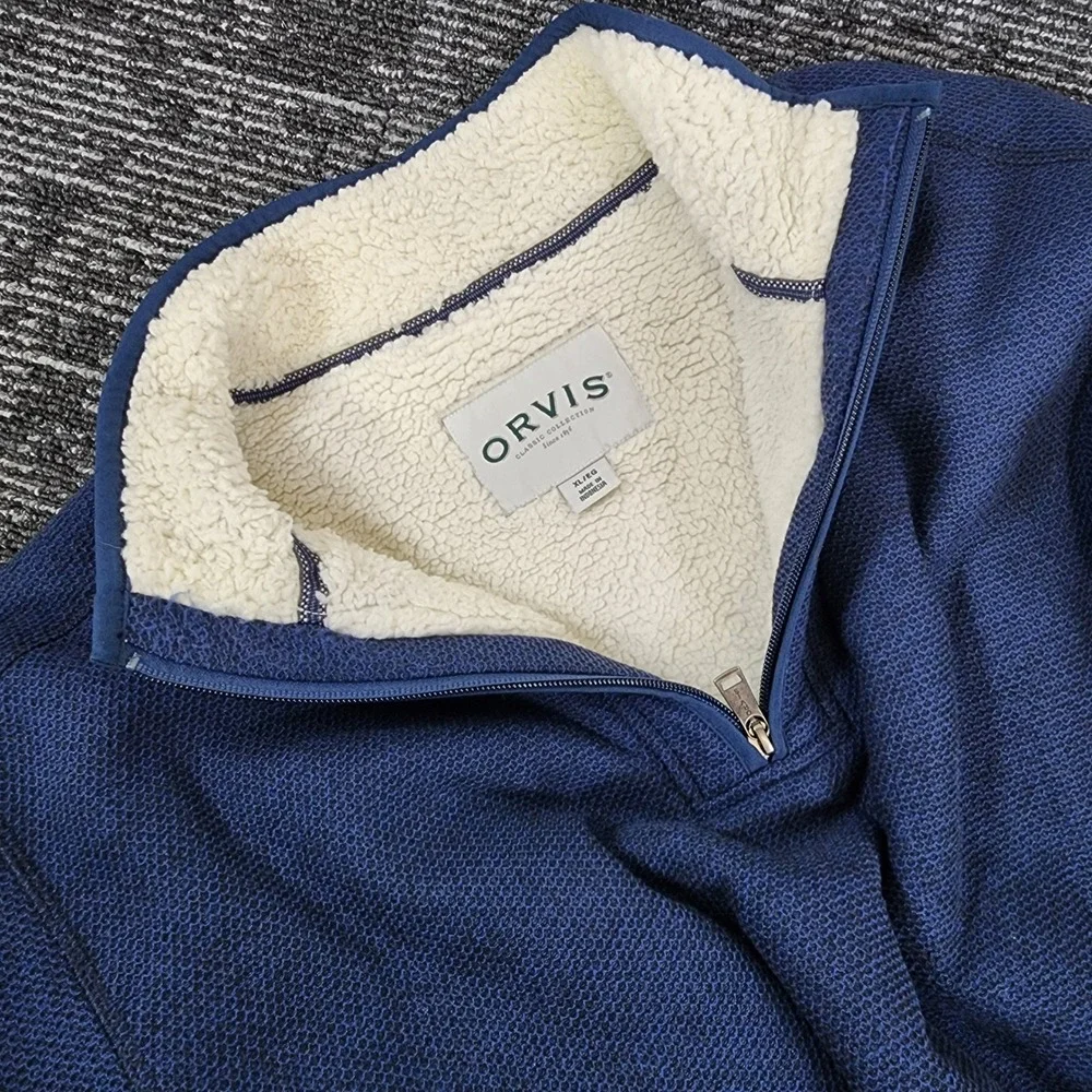 Orvis‎ Quarter Zip Pullover Men XL Blue Sherpa Lined Fleece Sweater Outdoor Cas
